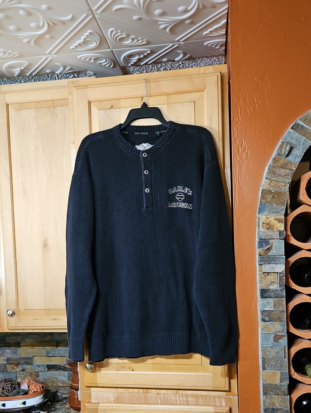 Harley Davidson Black Embroidery Waffle Knit Long Sleeve Themal Henley Tee